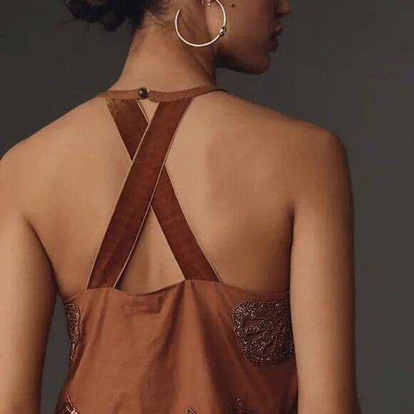 MAEVE by Anthropologie Top Size L Brown Embellished Cutwork Cross Back Tank NWT - Picture 13 of 16